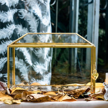 Load image into Gallery viewer, Handmade Vintage Gold and Glass Wedding Card Box with Heart Lock - 12.6" x 5.9"