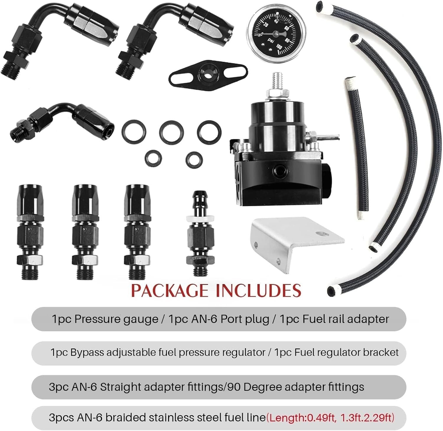 Adjustable Aluminum EFI Fuel Pressure Regulator Kit with 6AN Fittings & Gauge