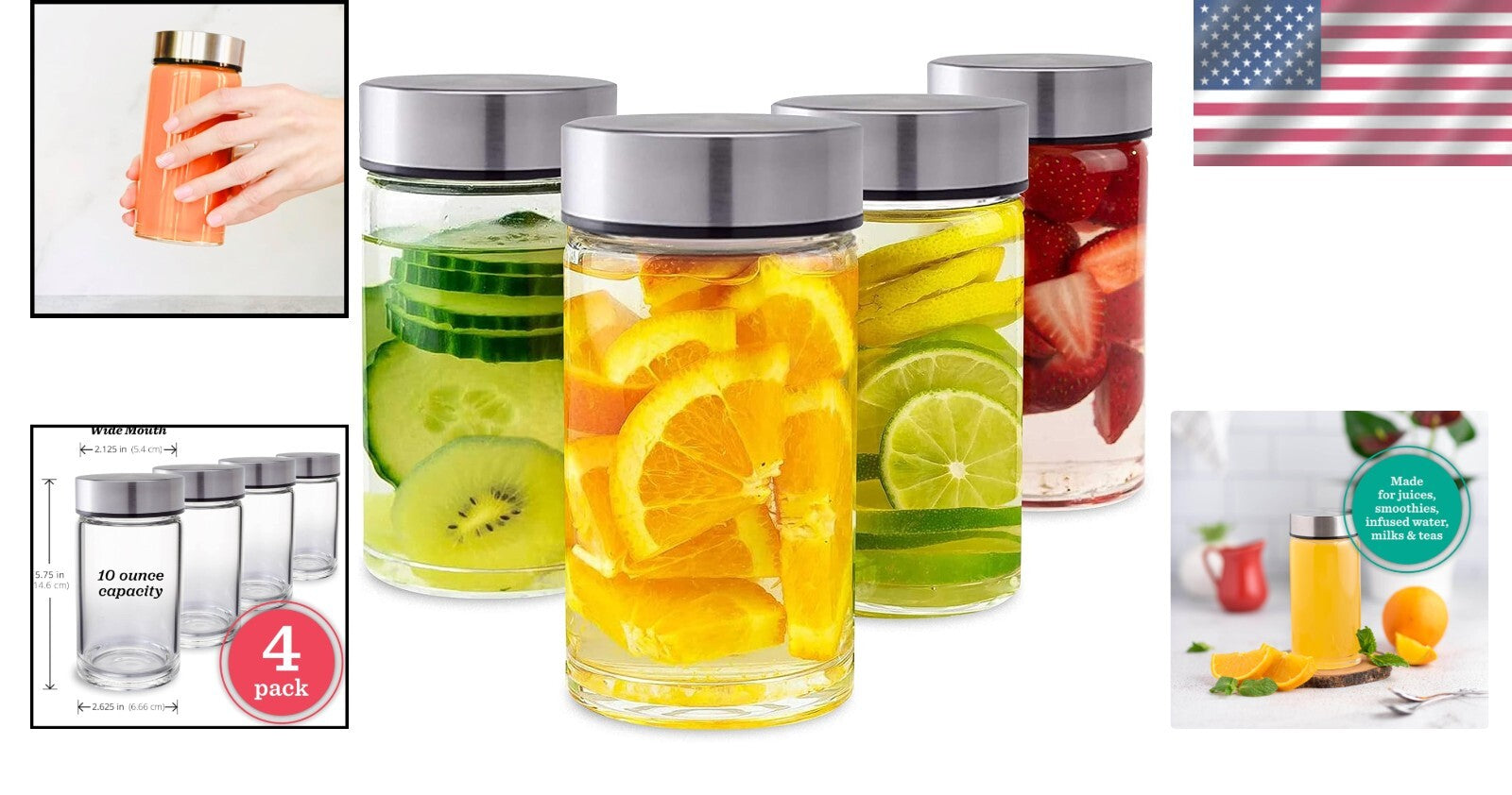10oz Wide Mouth Glass Bottles with Stainless Steel Lids - Leakproof Beverage Set