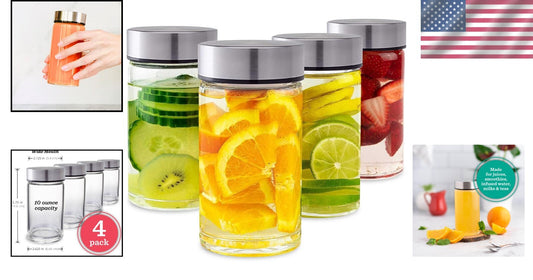 10oz Wide Mouth Glass Bottles with Stainless Steel Lids - Leakproof Beverage Set