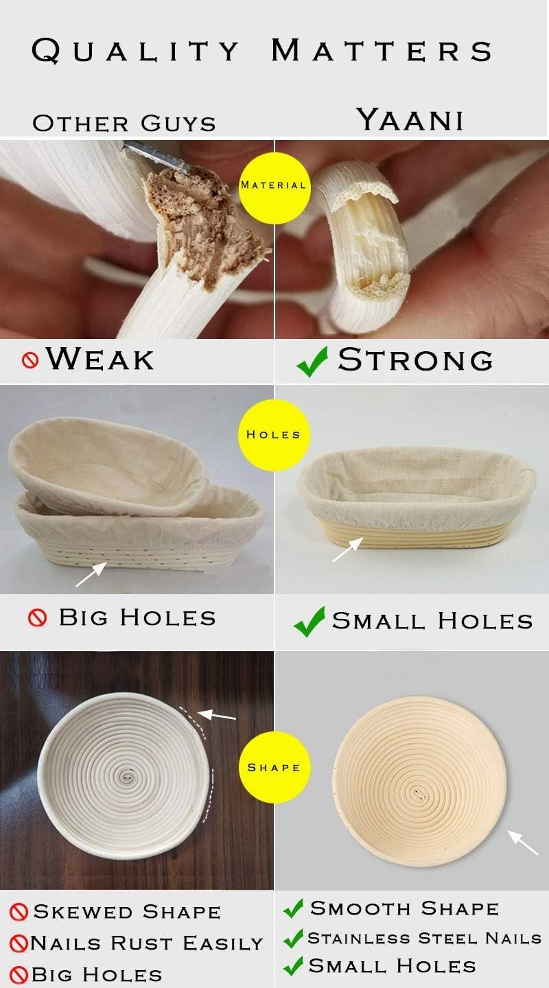 Premium Rattan Banneton Proofing Basket Set with Whisk, Scrapers & Scoring Tool