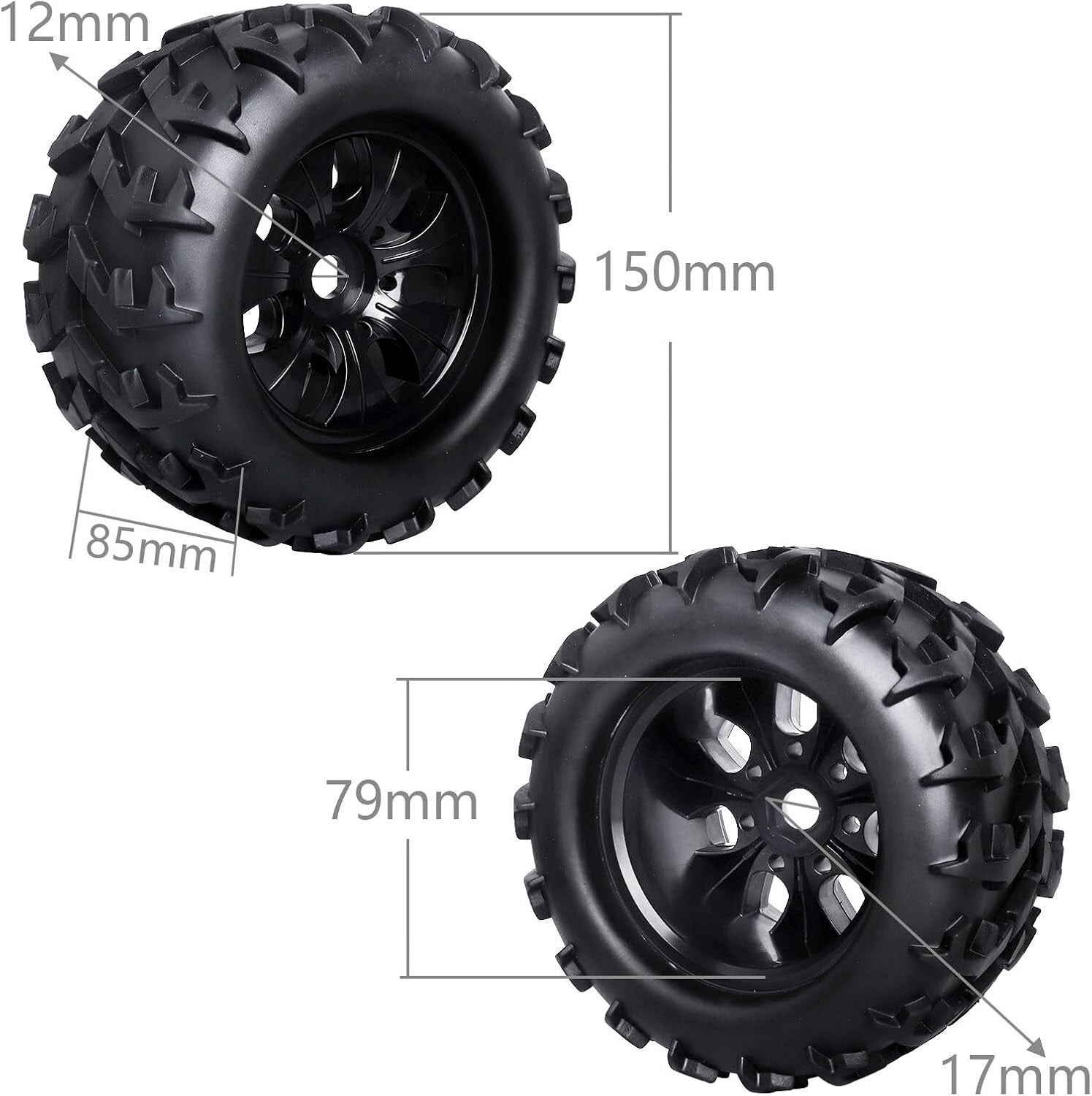 17mm Hex Pre-Glued Tire Set for 1/8 Scale RC Monster Trucks - High Performance