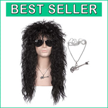 Load image into Gallery viewer, Long Black Rocker Style Wig - 80s Fashion with Necklace &amp; Adjustable Cap