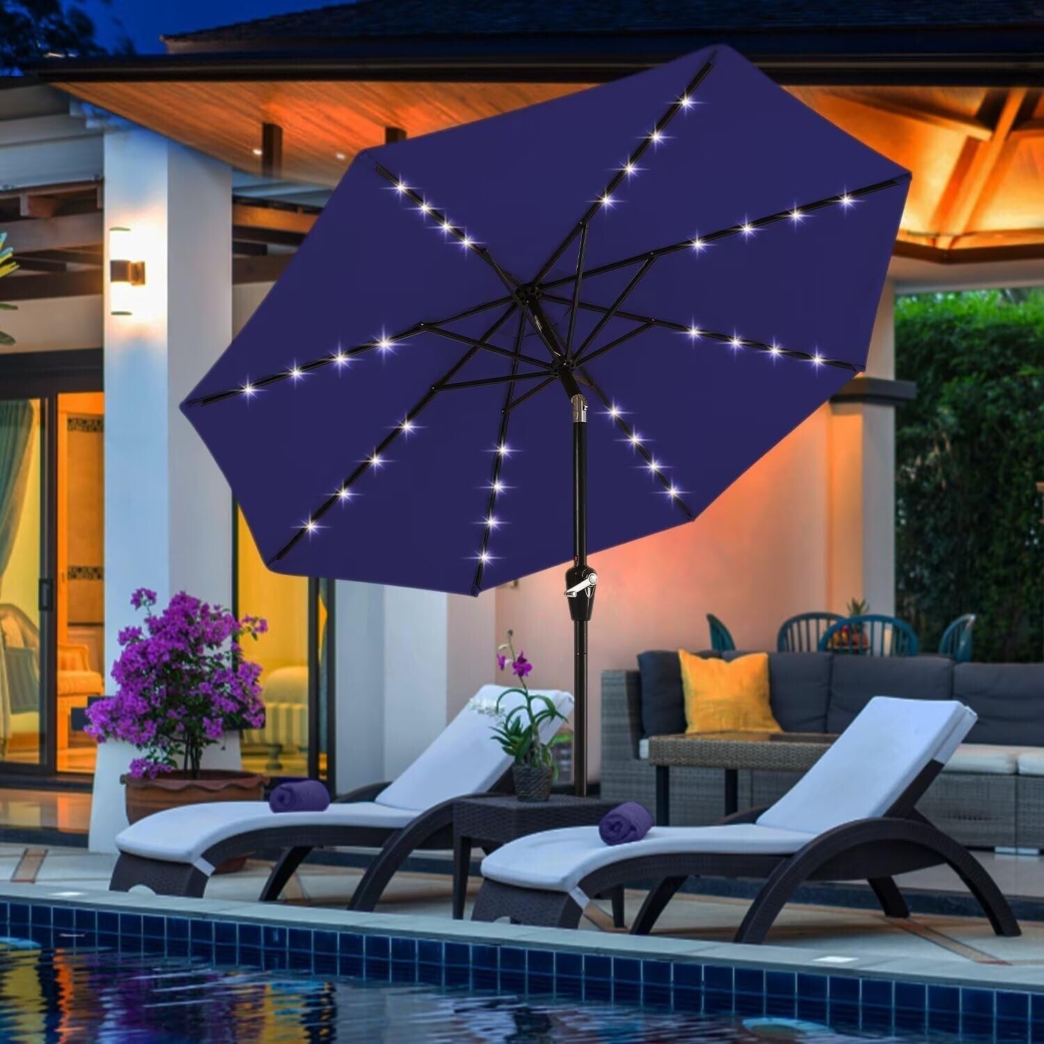 Durable Royal Blue Patio Umbrella with 32 Solar LED Lights - Effortless Shade