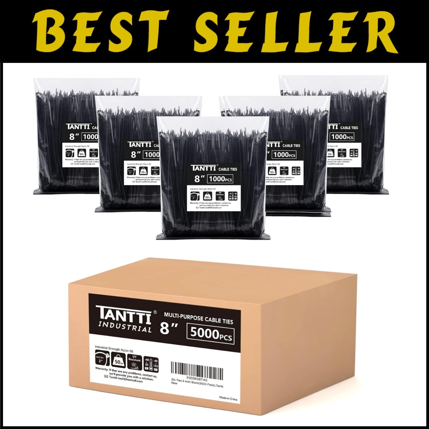 Professional Grade 8 Inch Black Zip Ties - 5000 Pack, 50lb Tensile Strength