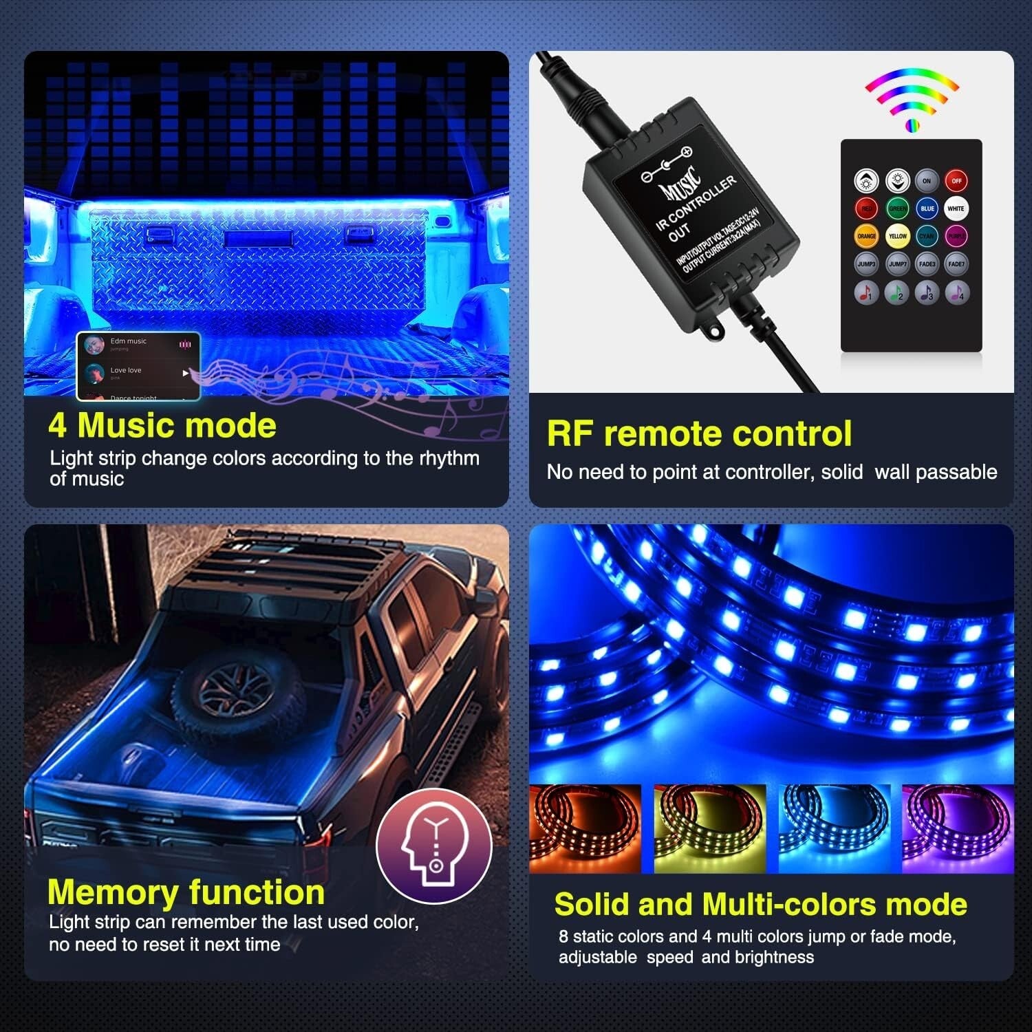 3PCS 60-Inch RGB LED Truck Bed Light Strip Kit with Remote Control - Waterproof