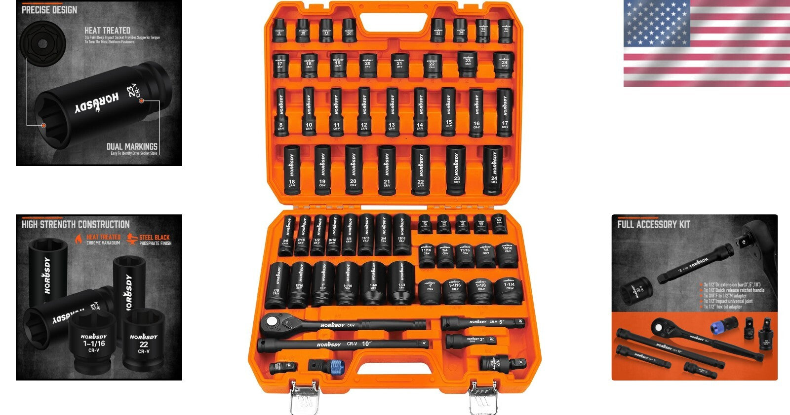 Durable 1/2-Inch Drive Impact Socket Set with Customized Storage Box, 67 Pieces