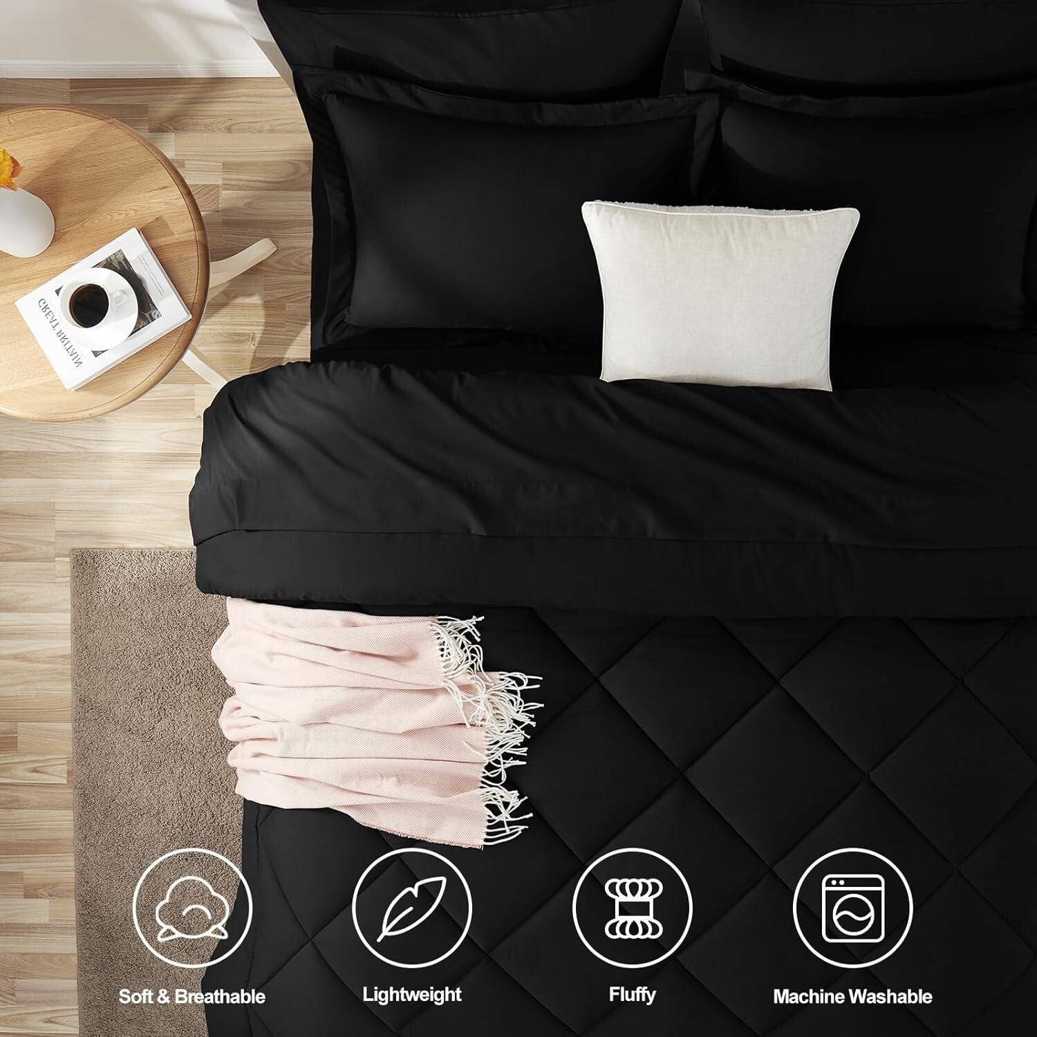 Cozy All-Season Black Twin Comforter Set - 5-Piece with Deep Pocket Sheets