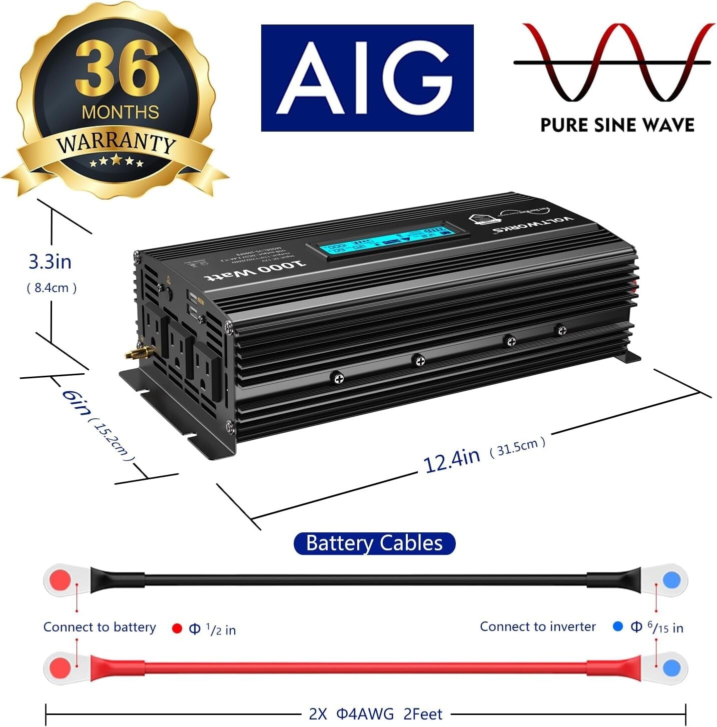 1000W Pure Sine Wave Inverter - ETL Certified, LCD Display, Ideal for RVs