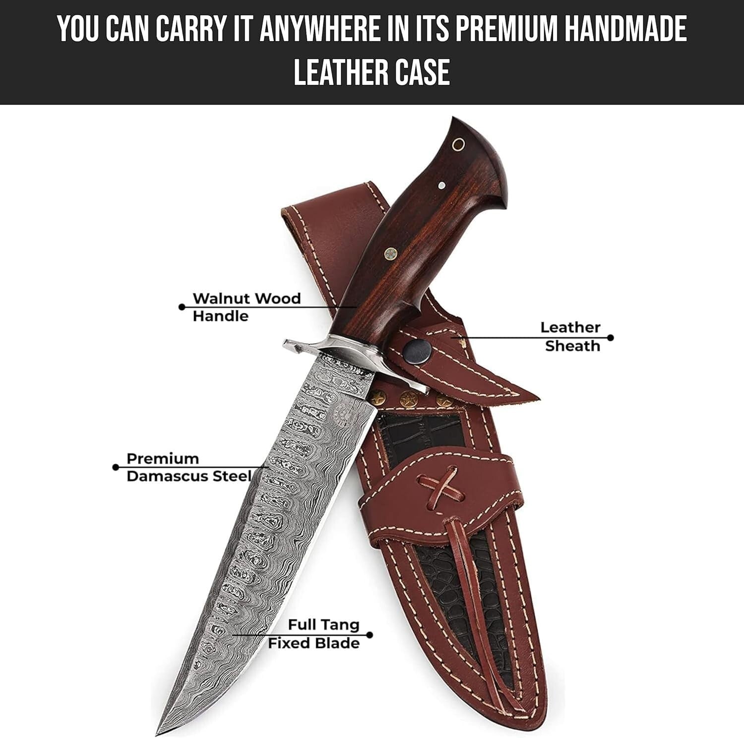 Durable Damascus Hunting Knife with Compound Bevel Blade & Leather Sheath