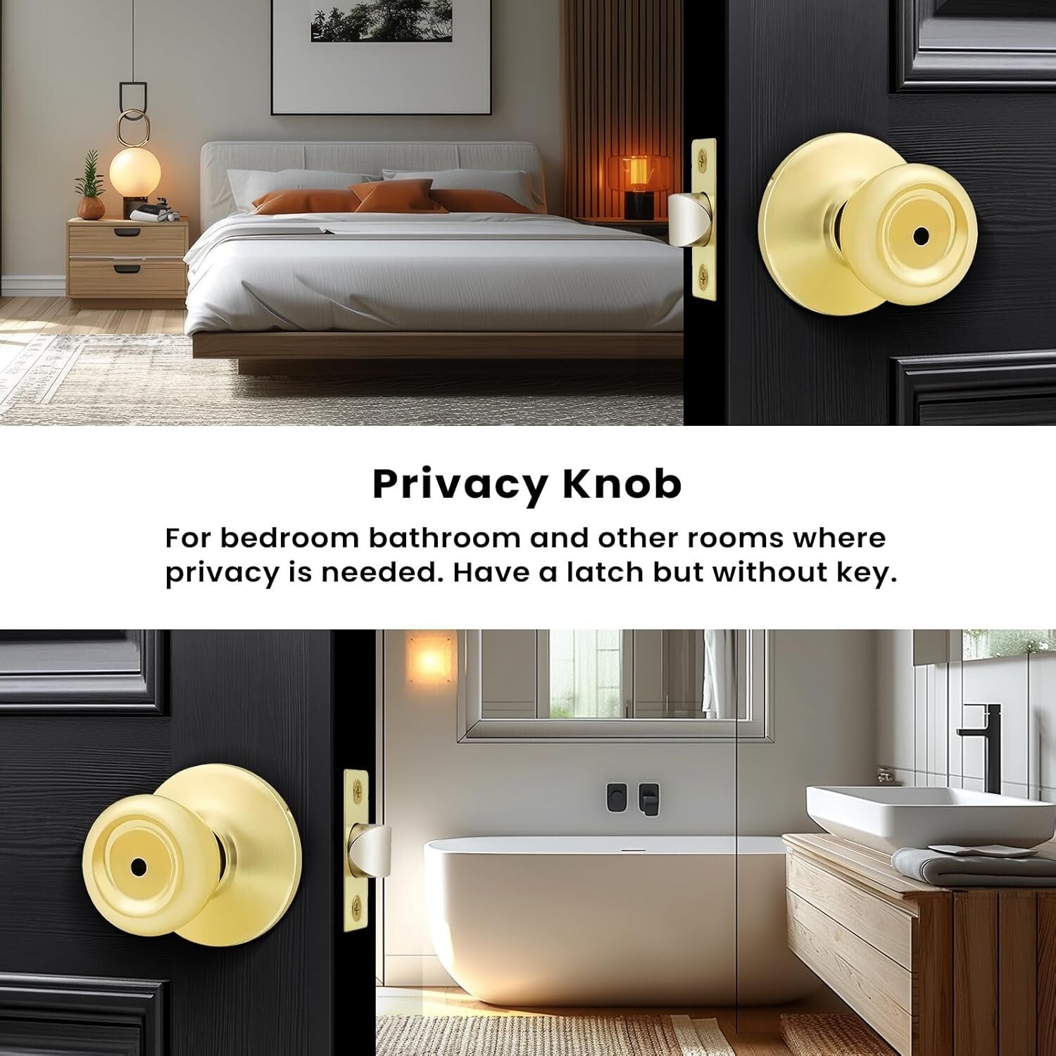 Elegant 3 Pack Keyless Privacy Door Knobs in Polished Brass - Easy Installation