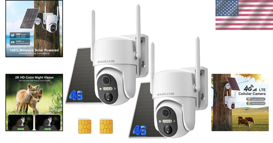 Wireless 2K HD Solar Security Camera with Remote Control & Night Vision - 2 Pack