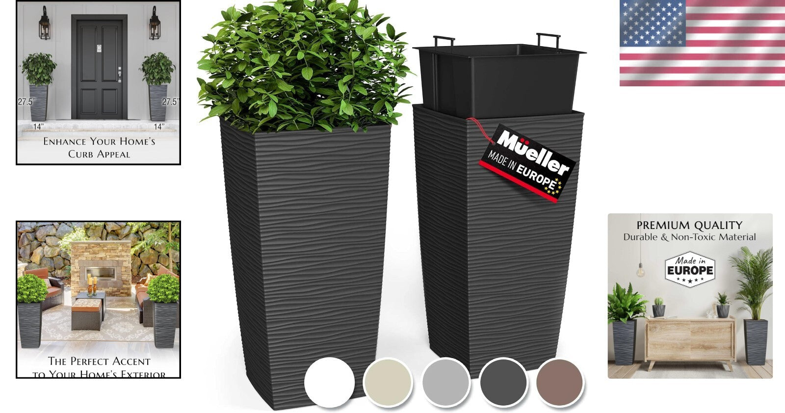 Elegant Tall Resin Planters - 27.5” Dark Grey Pots for Indoor & Outdoor Use