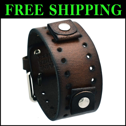 Adjustable 20mm Dark Brown Leather Cuff Watch Band with Tang Buckle Clasp