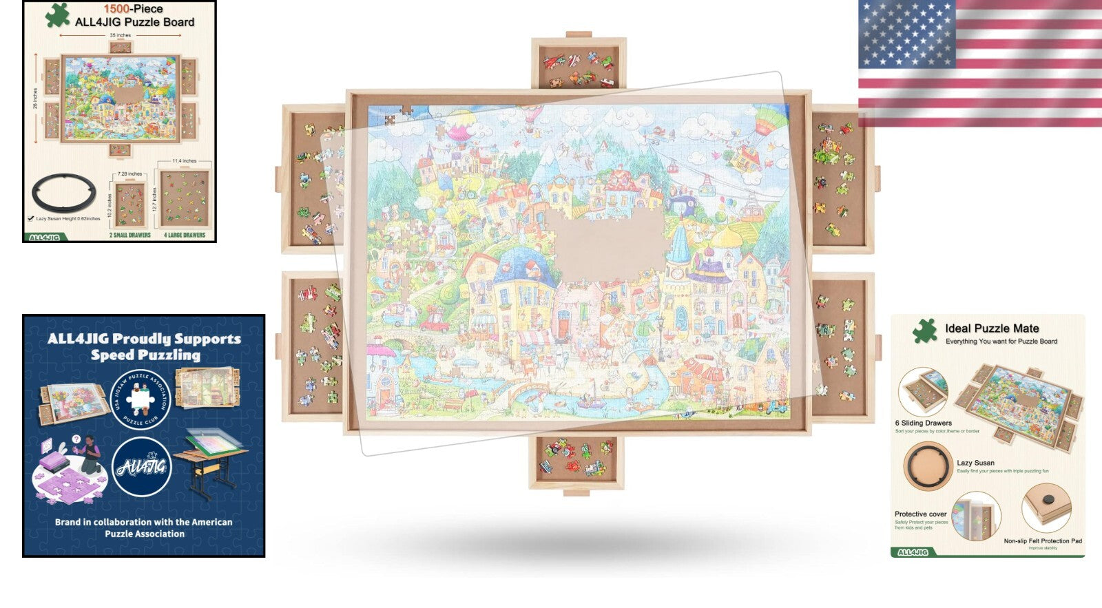 1500-Piece Rotating Puzzle Board with 6 Drawers & Cover - Gift for Puzzle Lovers