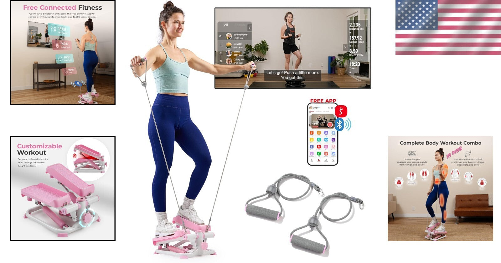 Full-Body Cardio Machine with Resistance Bands & SunnyFit App Connection