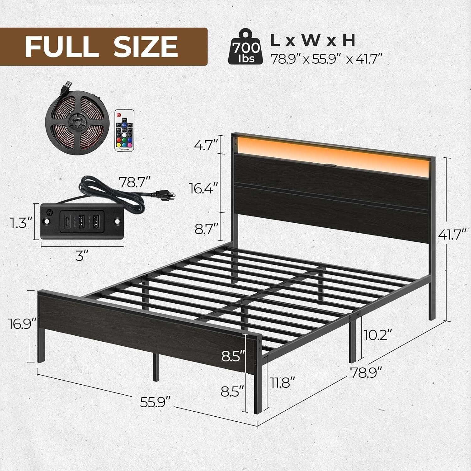 Full Size Bed Frame with Under-Bed Storage & LED Lighting for Modern Bedrooms