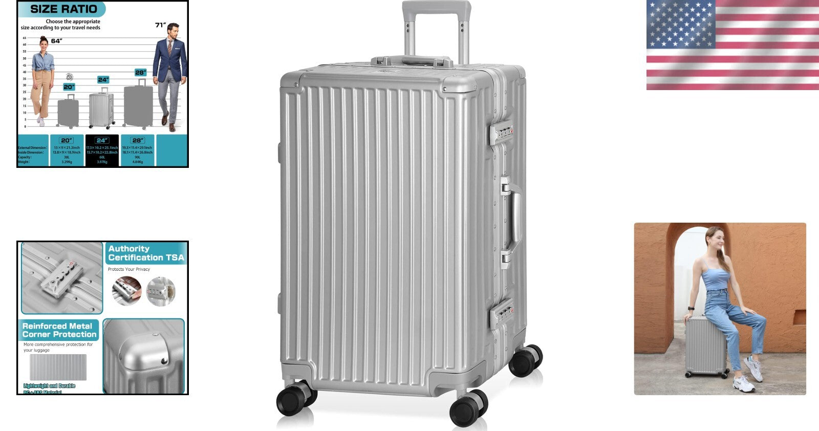 Fashionable Silver 24-In Aluminium Frame Suitcase with TSA Lock & Spinner Wheels