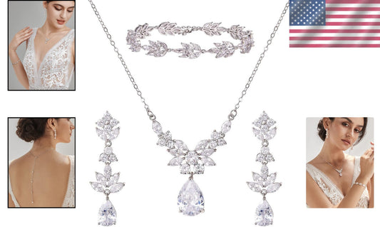 Dainty Women's Wedding Jewelry Set - Cubic Zirconia Necklace & Earring Pair