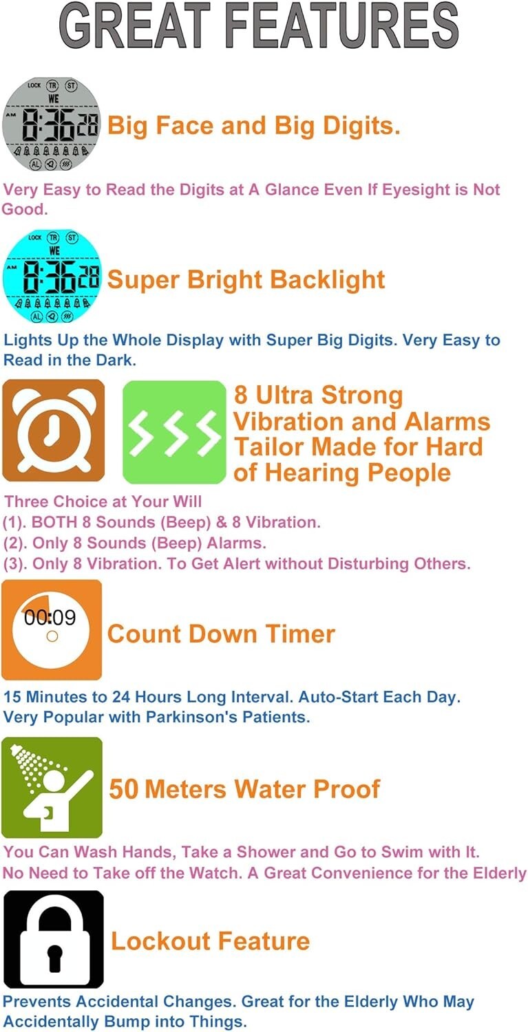 Unisex Waterproof Watch with 8 Vibrating Alarms - Ideal for Medication Reminders