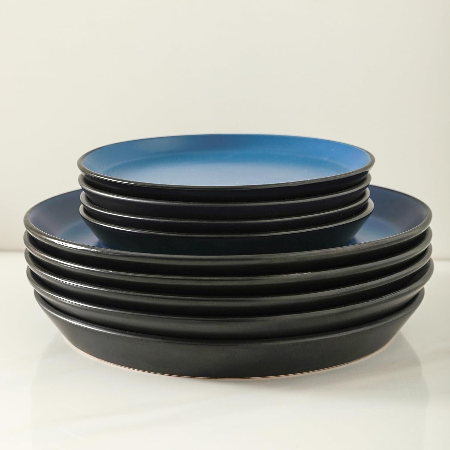 Albie 16-Piece Modern Blue and Black Stoneware Dinnerware for Stylish Dining