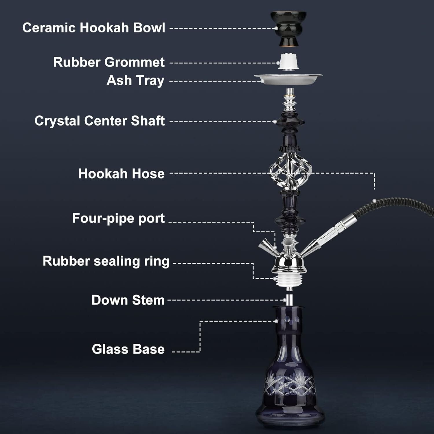 Elegant 22'' Premium Hookah Set - Glass Vase, Ceramic Bowl & Coal Tongs Included