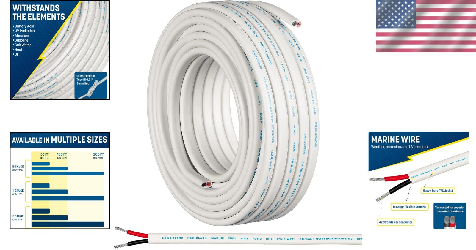 14 Gauge AWG Marine Wire - 50 Ft Oxygen-Free Copper for Waterproof Wiring
