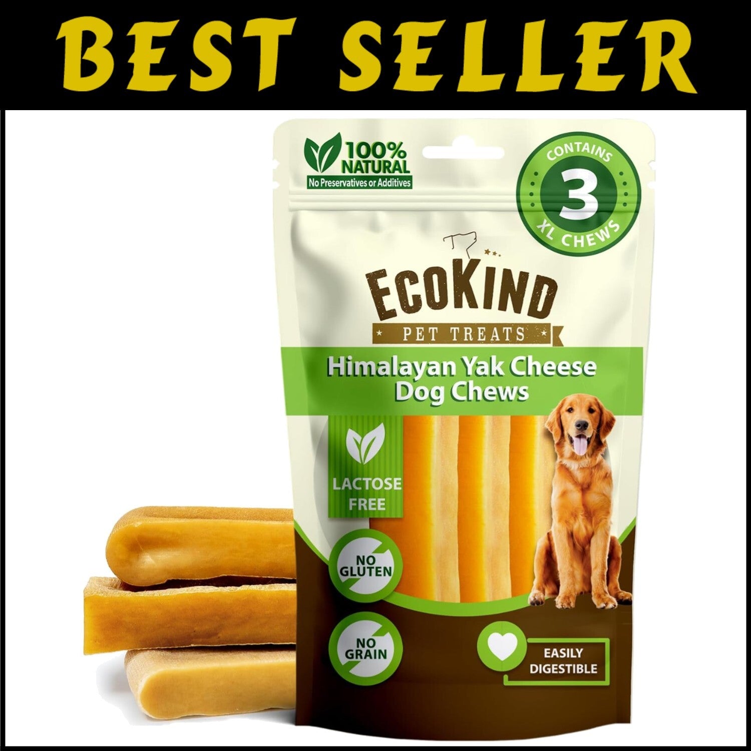 EcoKind XL Yak Cheese Dog Chews - All Natural, High Protein for Large Dogs