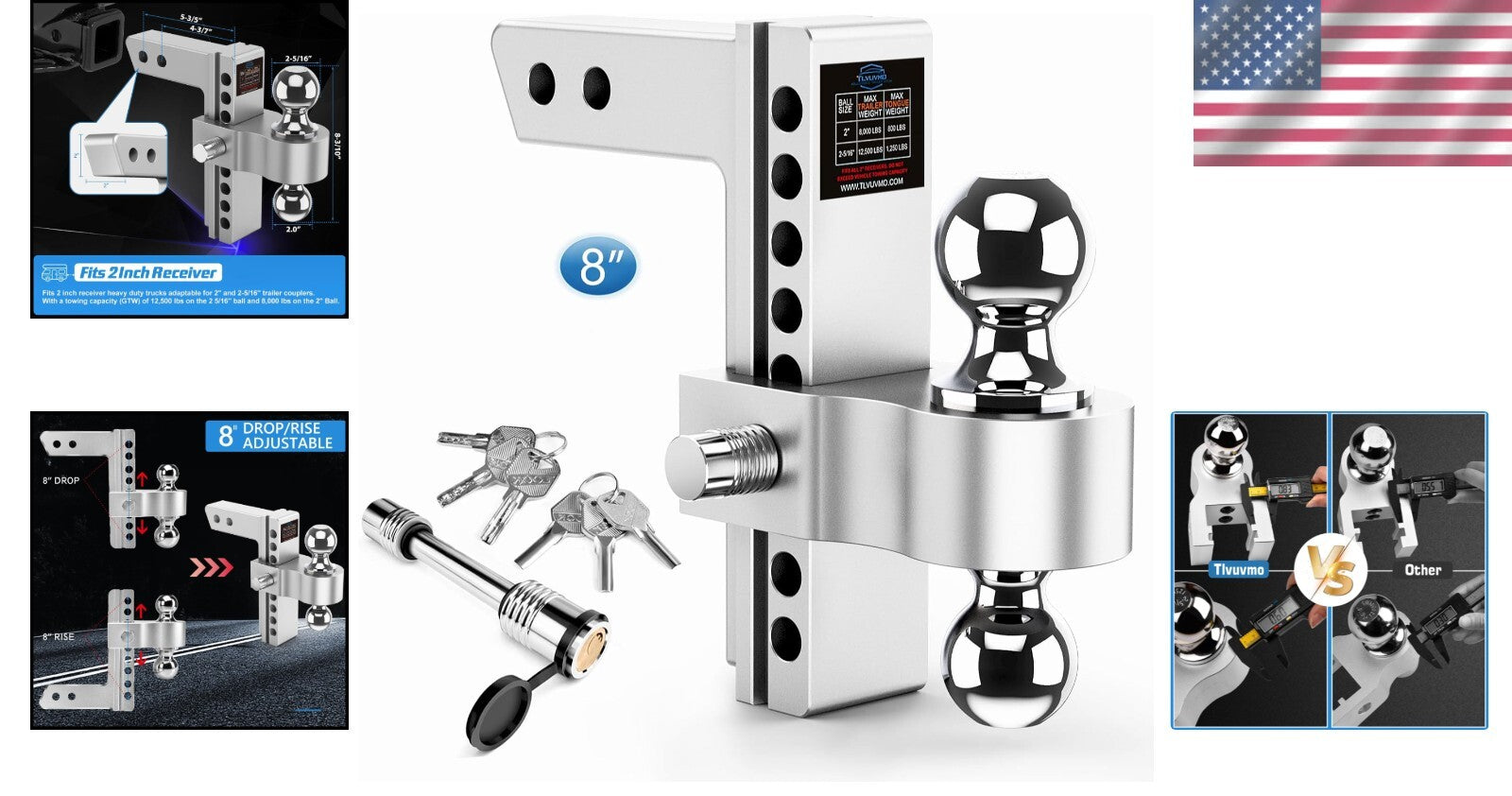 Versatile Adjustable Drop Hitch for 2" Receivers - Towing Capacity 12,500 lbs