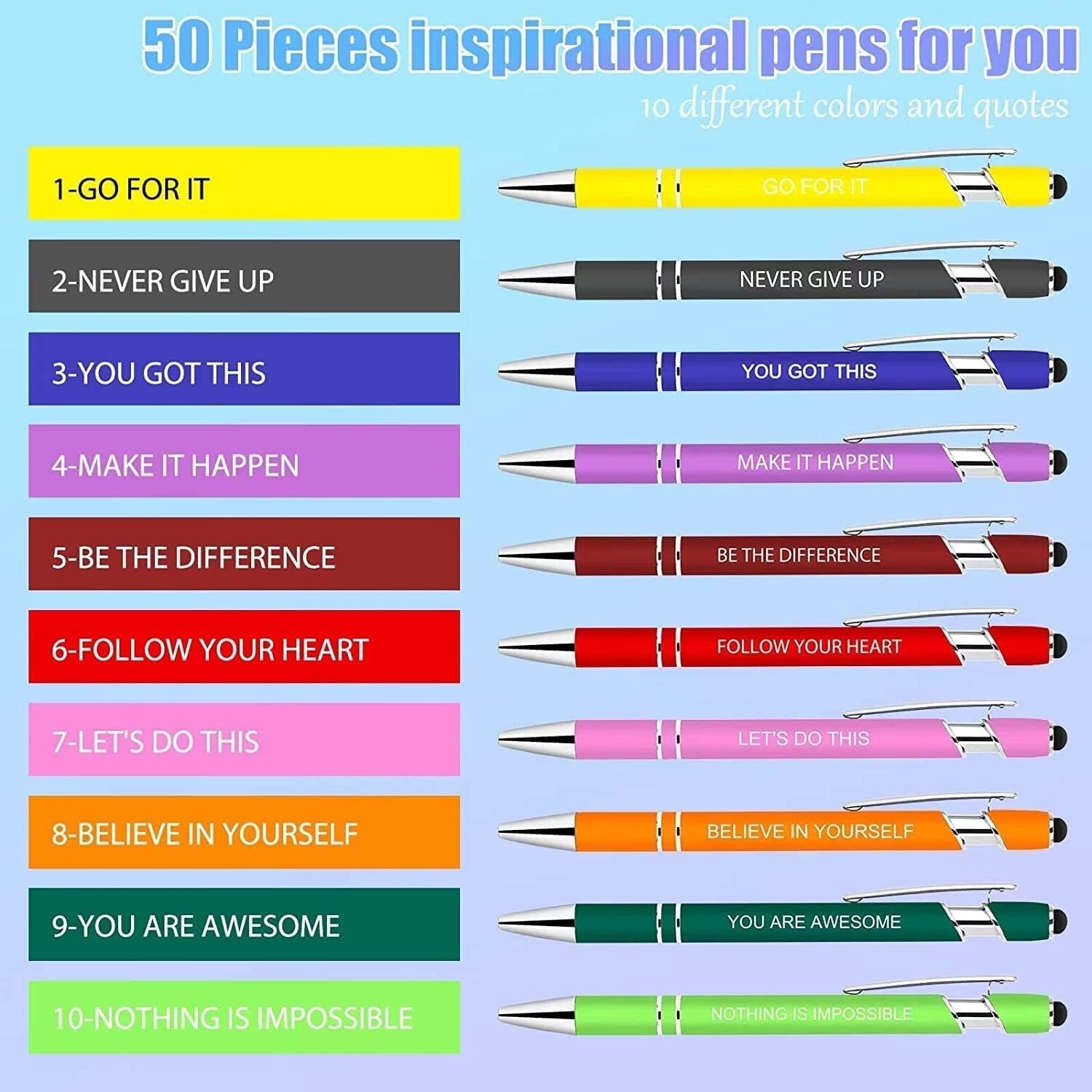 50-Piece Inspirational Pens with Stylus Tip - Motivational Quotes for Coworkers
