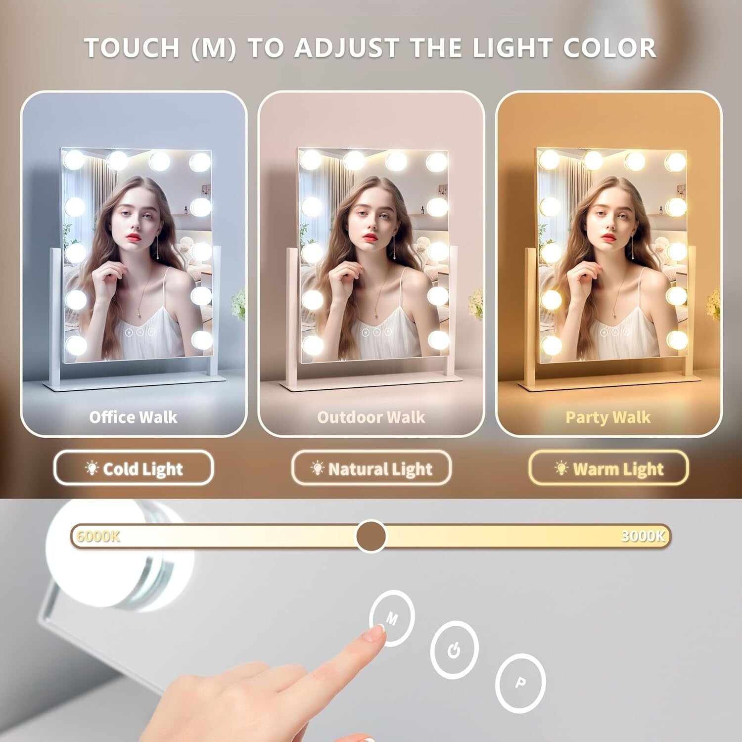 Dimmable Makeup Mirror with 3 Color Settings & 10X Detachable Magnification