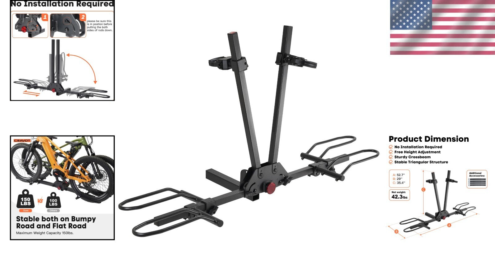 150 lbs Capacity Electric Bike Rack - No Installation, Foldable for 2 Bikes