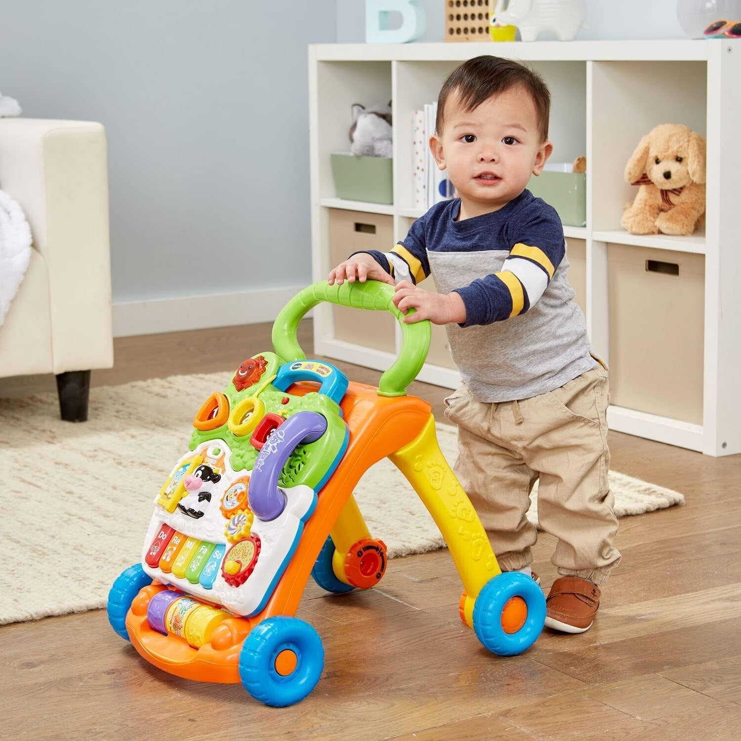 Adjustable Sit-to-Stand Learning Walker with Musical Tray and Motor Skill Toys