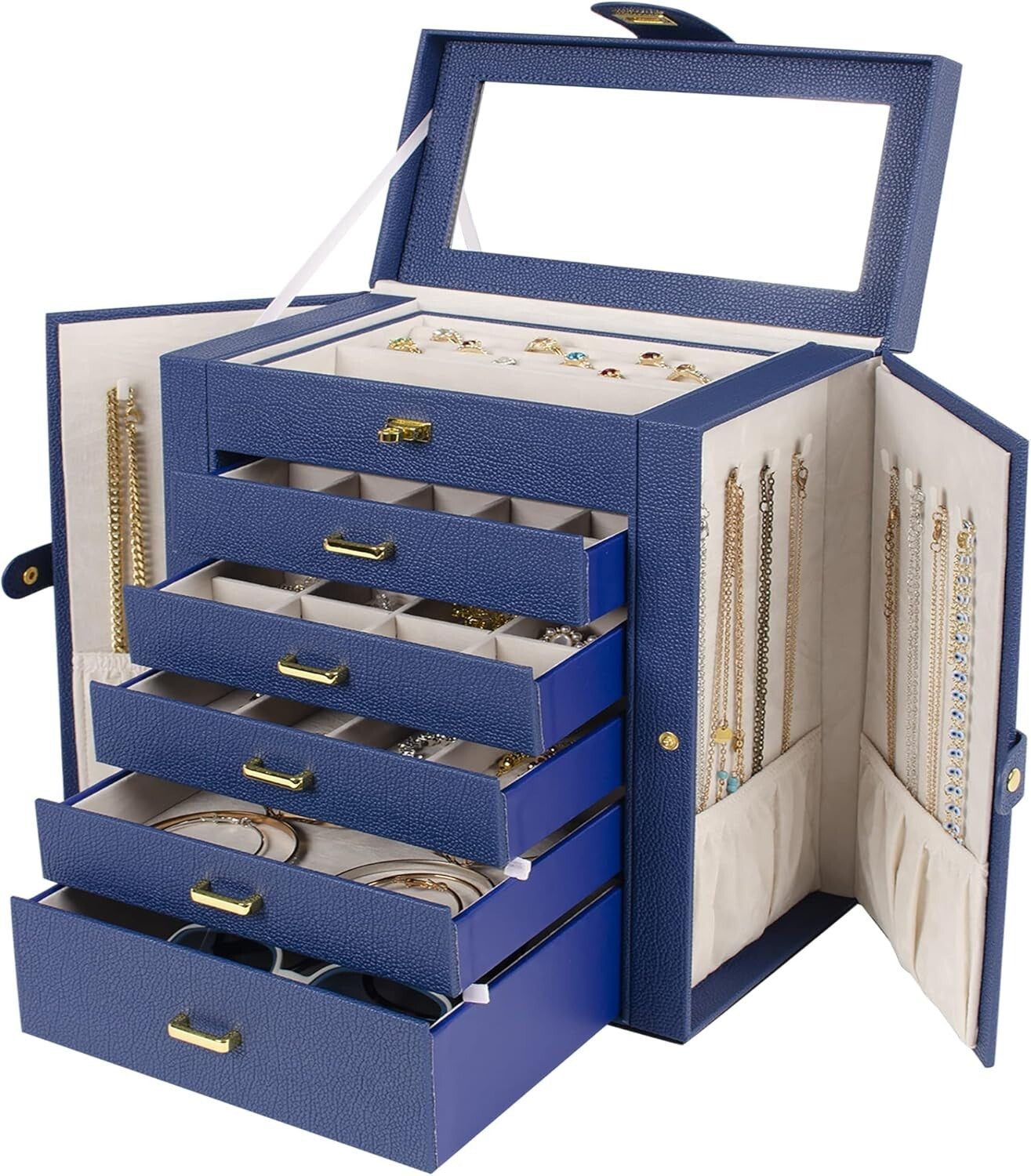 Elegant Lockable Jewelry Organizer with Large Mirror & 6 Drawer Storage - Blue