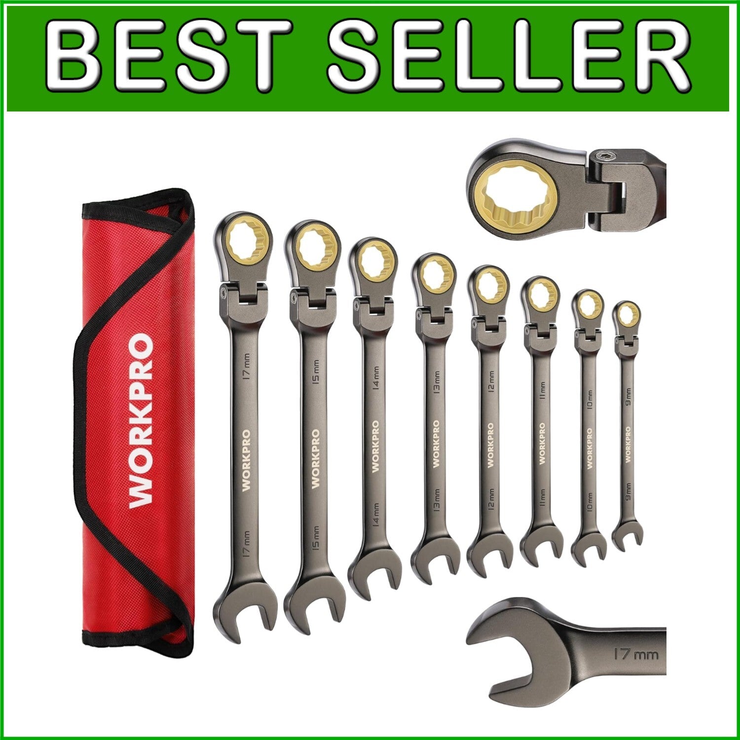 Durable 8-Piece CR-V Nickel-Plated Ratcheting Wrench Set with 180-Degree Pivot