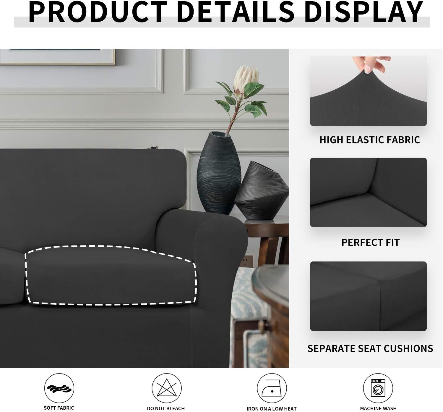 Stretch Pet-Friendly Sofa Cover: 3-Piece Set for Durable Protection - Dark Gray