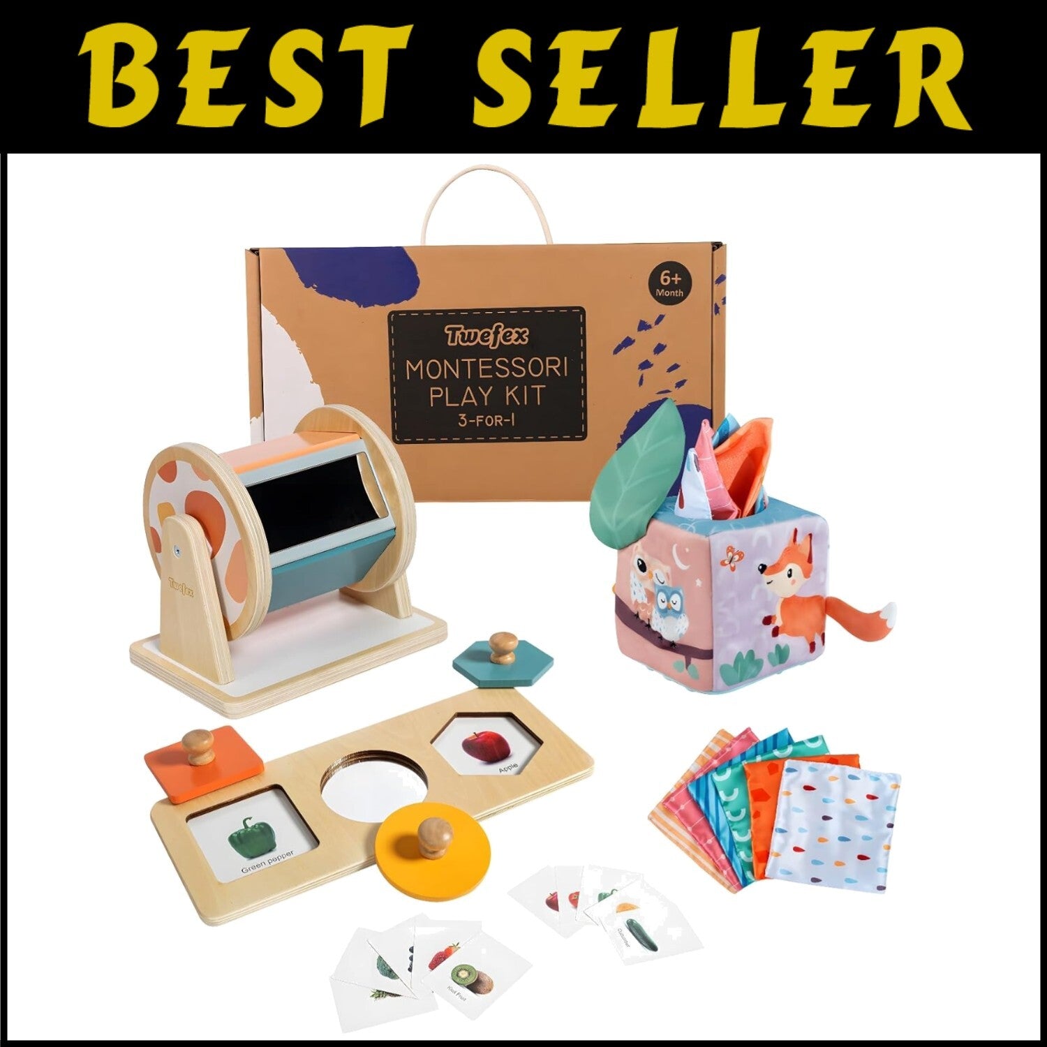 Baby Sensory Play Kit: Spinning Drum, Tissue Box & Peekaboo Puzzle for Infants