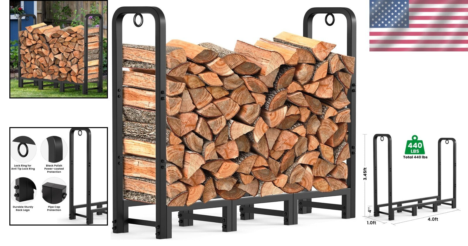 Black Alloy Steel Firewood Rack - 4ft Log Holder for Outdoor & Indoor Use