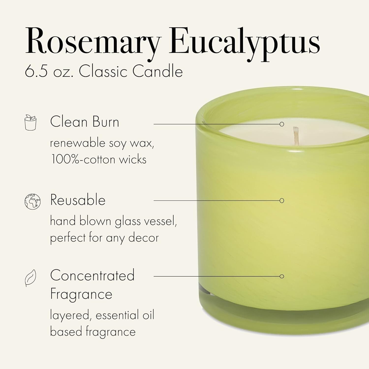 Elegant 6.5 oz Rosemary Eucalyptus Candle in Reusable Glass Vessel - 50 Hours