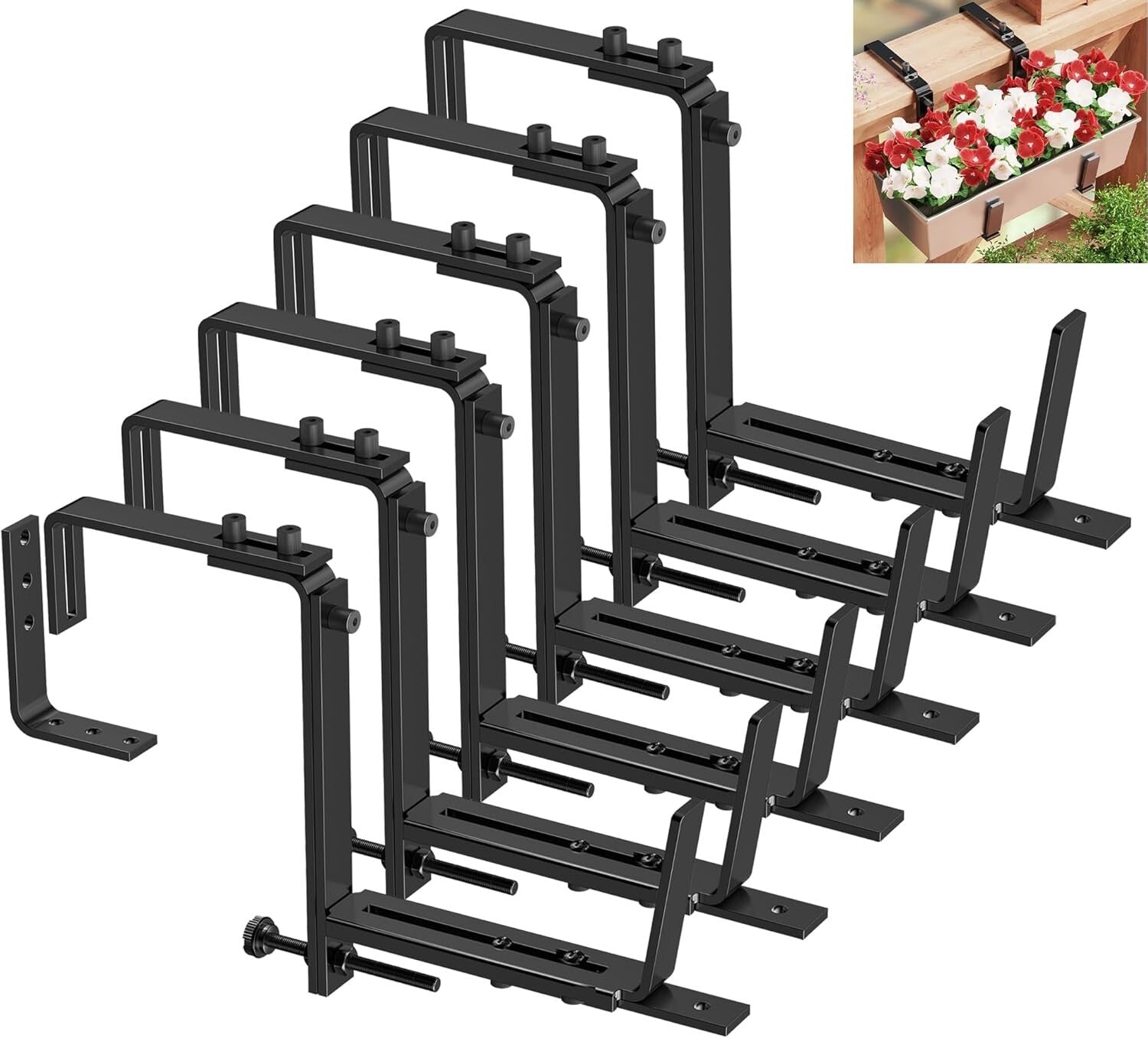 6 Adjustable Planter Box Brackets – Heavy Duty Wall & Railing Mounts, Black