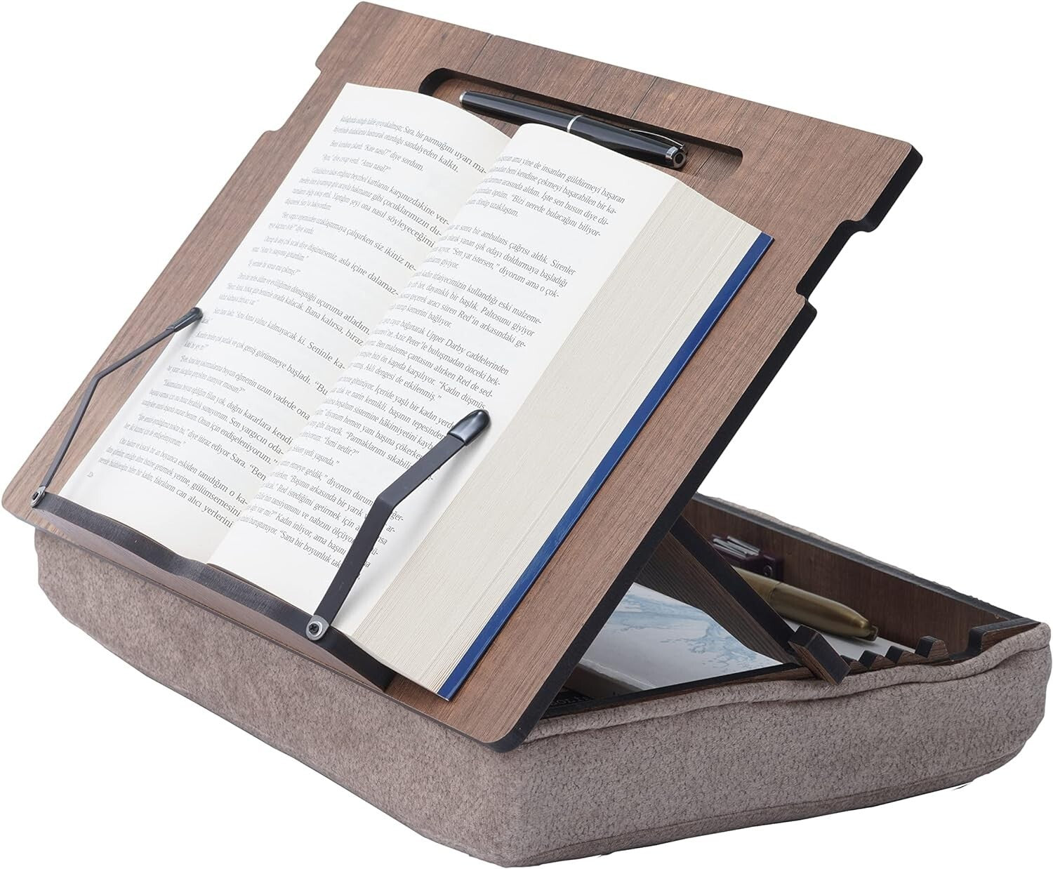 Versatile Wooden Book Stand with Storage for Hands-Free Reading - Walnut Finish