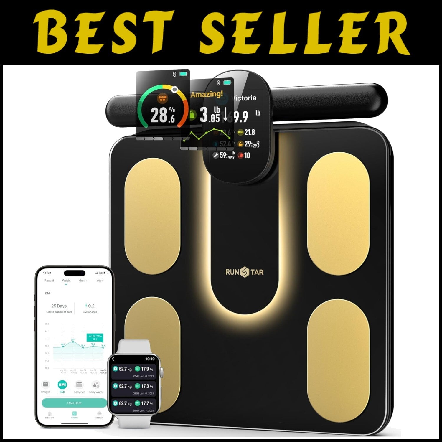 Digital Smart Scale for Body Composition - 8 Electrodes & APP Sync - Black