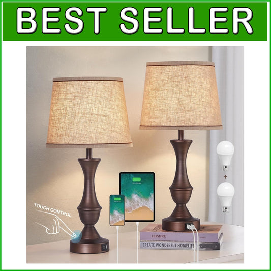 Elegant Touch Bedside Lamps Set with USB Ports - 22" Modern Dimming Lamps
