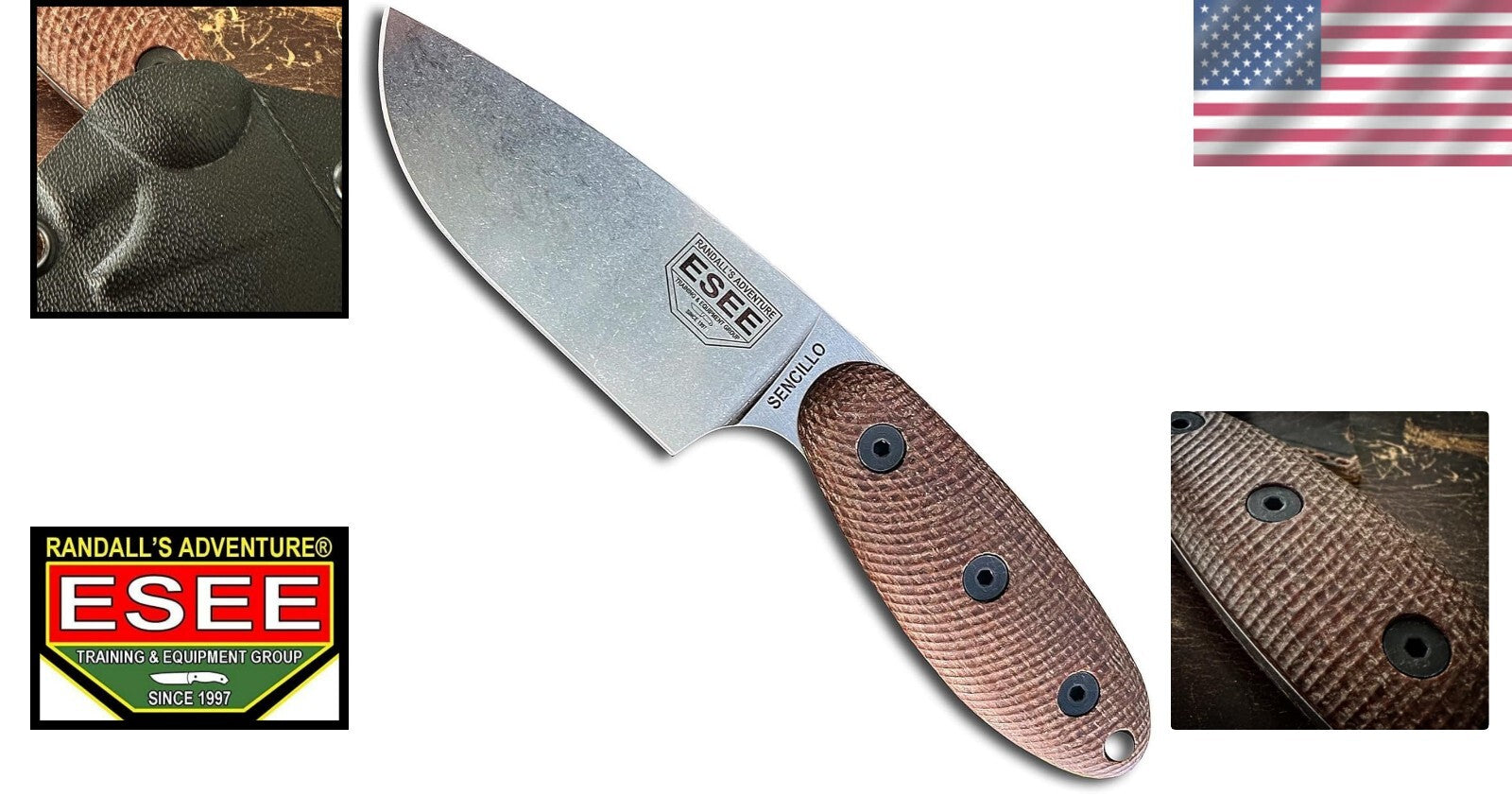 Fixed Blade Survival Knife with Brown Micarta Handle & Kydex Sheath 3.5"