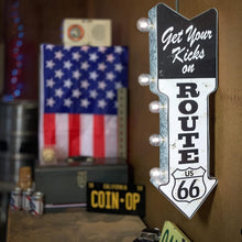 Load image into Gallery viewer, Battery-Powered Route 66 Marquee Sign with Vintage LED Bulbs – 26” x 3”