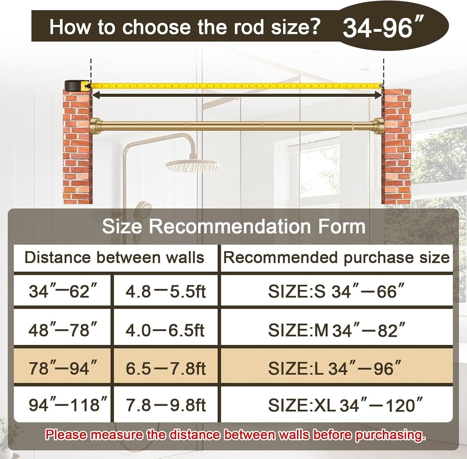 Versatile Gold Tension Shower Rod 34-96 Inches - Ideal for Bathrooms or Kitchens