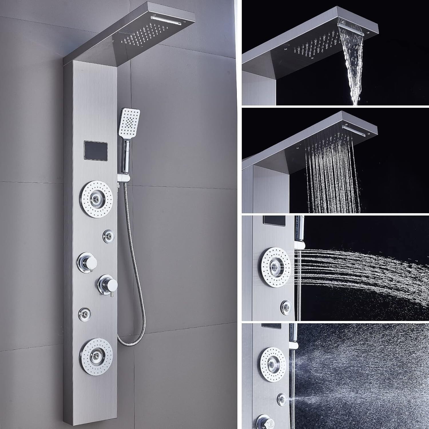 Brushed Nickel Shower Panel with LED Rainfall Design - Multi-Function & Elegant