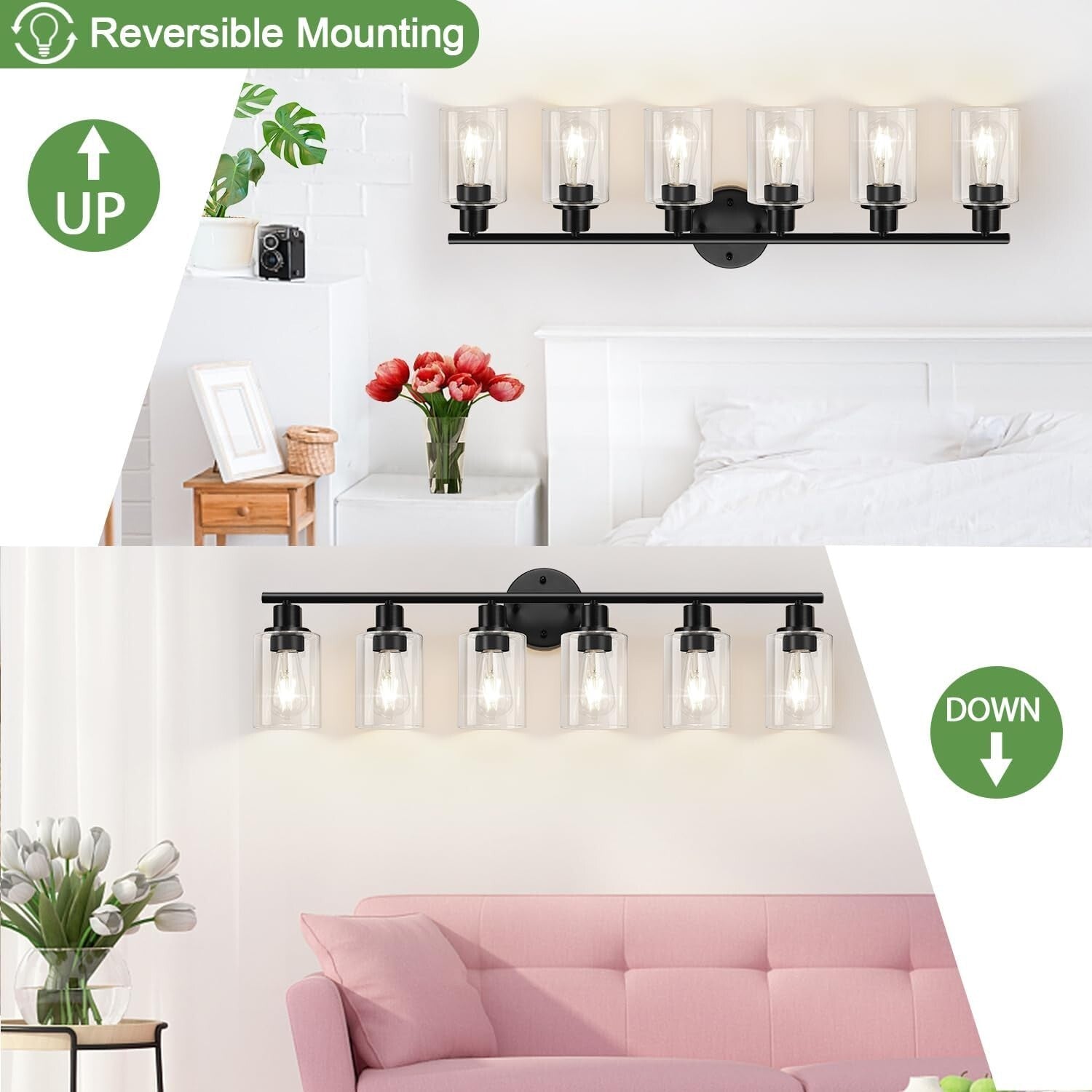 Stylish Black 6-Light Vanity Light with Reversible Mount & LED Compatibility
