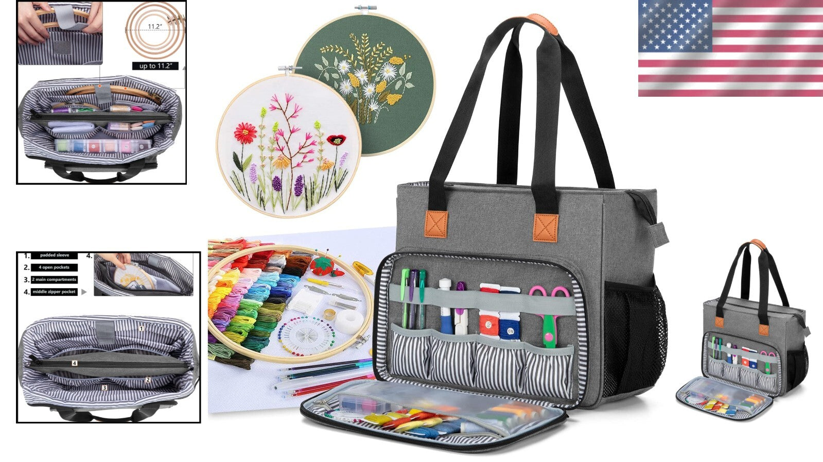 Heavy-Duty Gray Embroidery Project Bag with Padded Storage & Multiple Pockets