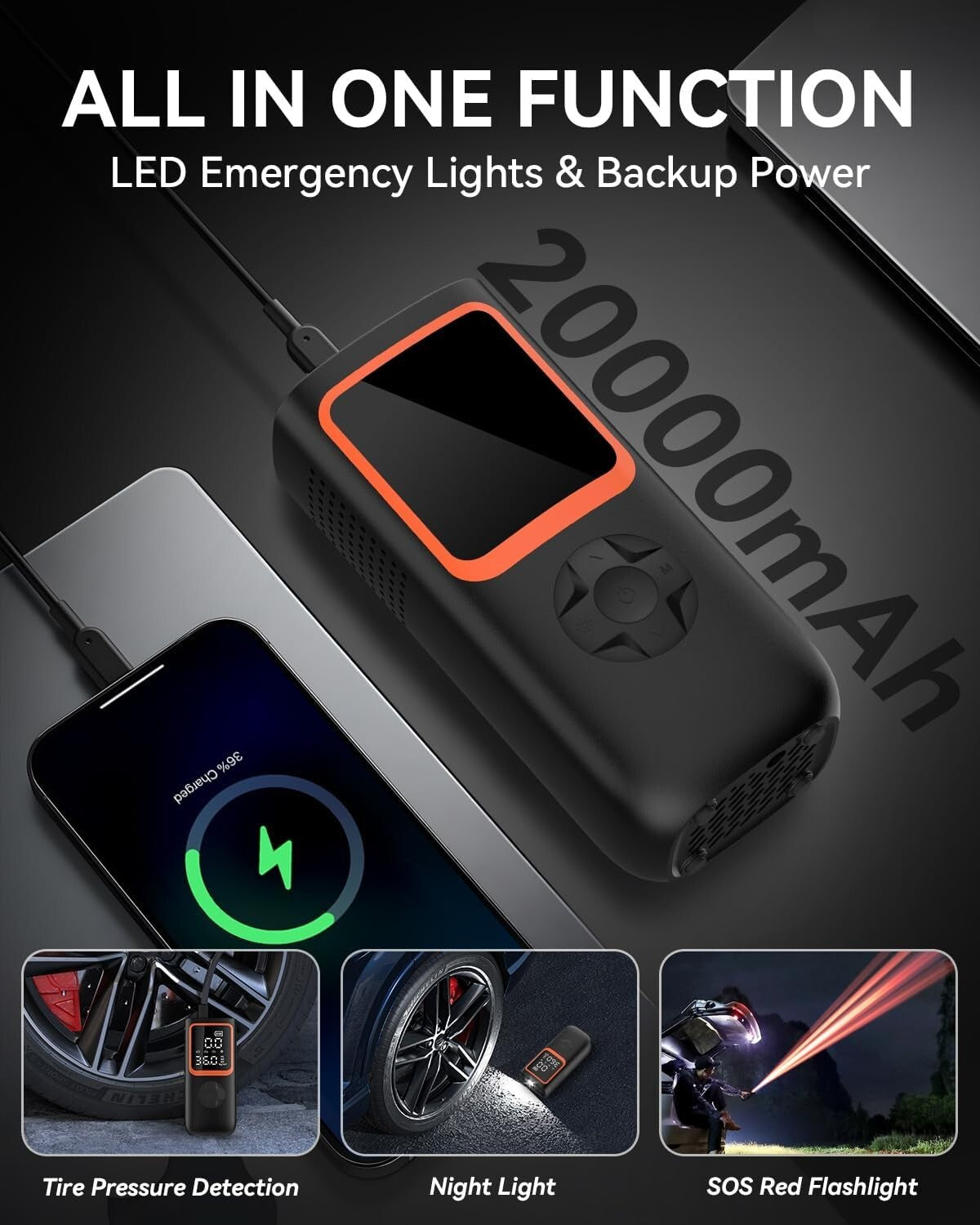 Multi-functional Tire Pump - Cordless Air Compressor with Emergency USB Ports